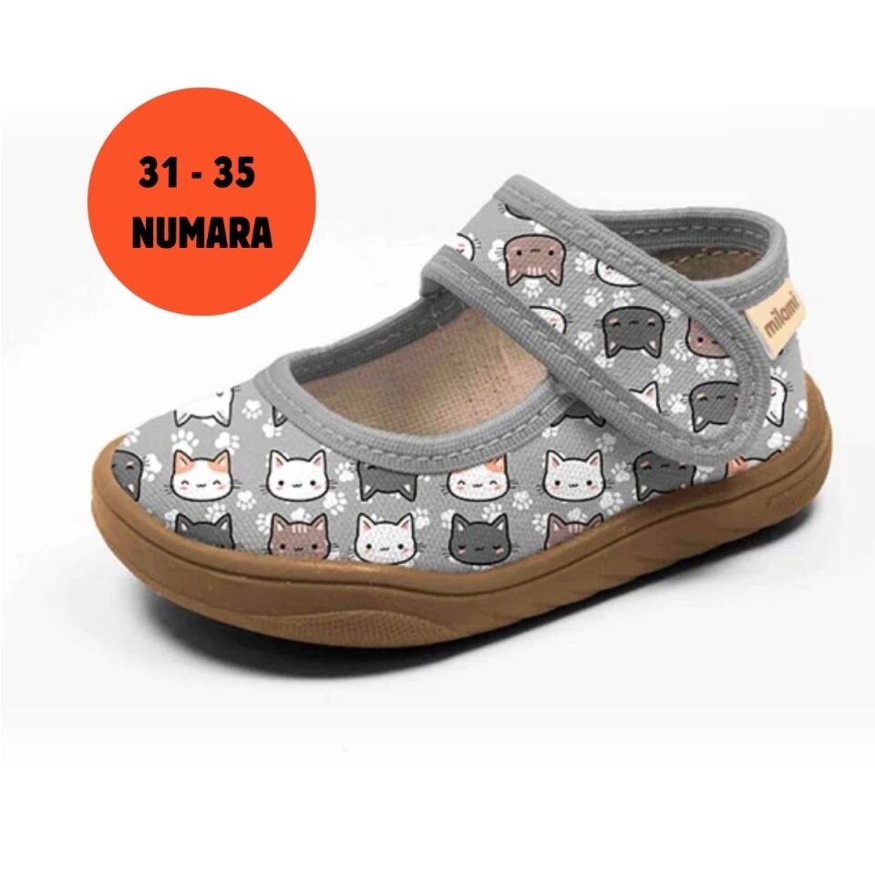 Barefoot Taban Gri Kedi Desenli Babet Model BF5 31-35 NUMARA